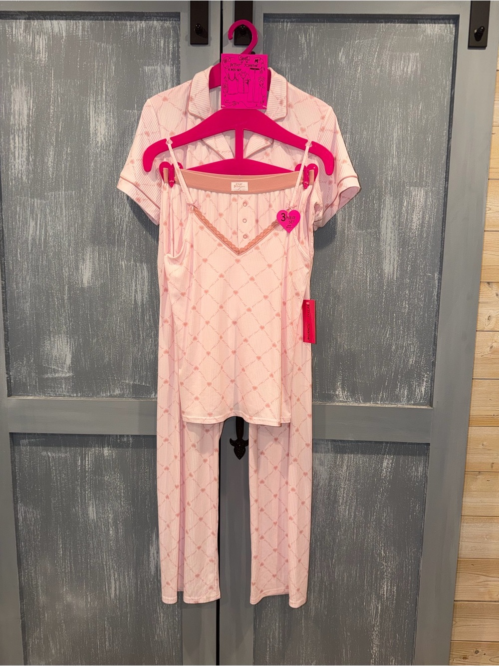 Betsey Johnson Pink Heart 3-Piece Pajama Set Size M NWT